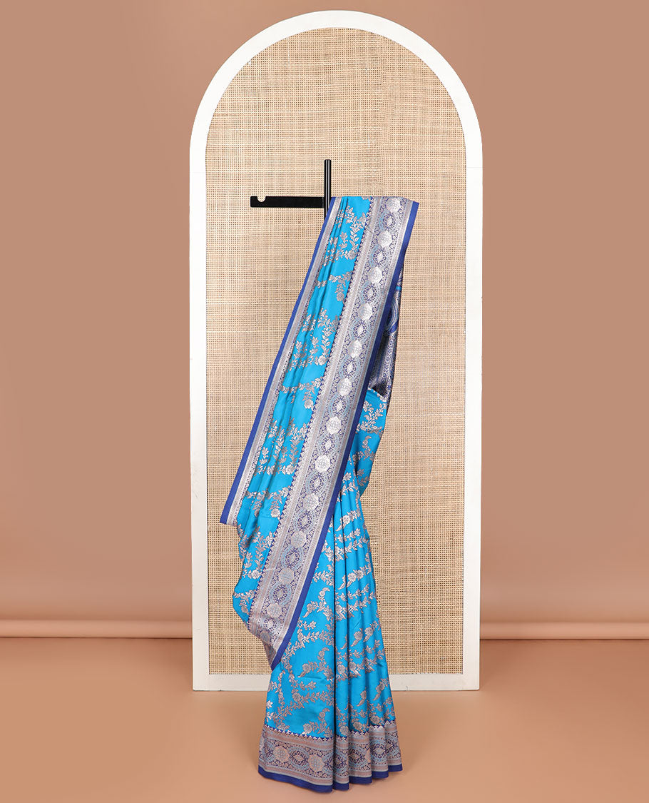 Dark blue floral jaal design butter silk saree with contrast floral zari design border & floral design pallu