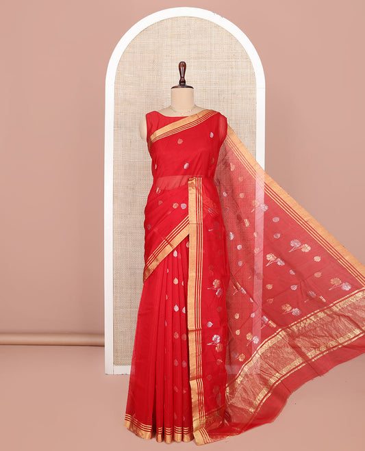 Red Chanderi Cotton Saree, Accentuated with Zari Buttas All Over Its Body, Highlighted by Zari Border, Pallu Steeped with Zari Stripes, and Paired with a Matching Blouse