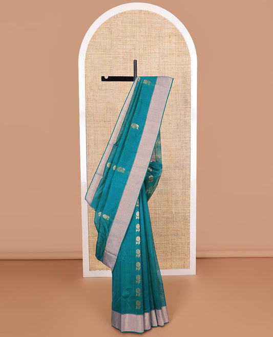 Turquoise floral motifs chanderi cotton saree with contrast zari design border & striped, floral design pallu