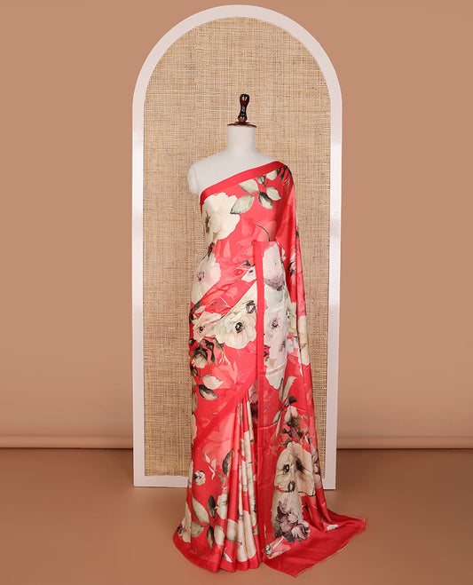 Red floral design crepe saree with self plain border