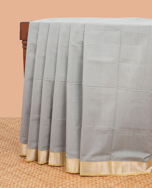 Grey mangalagiri cotton saree with contrast striped, temple border & striped pallu