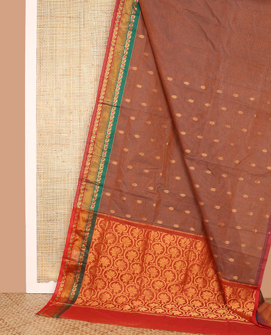 Brown Venkatagiri Cotton Saree, Ornamented with Zari Buttas on Its Body, Complemented by a Contrast Border of Paisley Zari Designs, Pallu of Floral Jaal Designs, and Comes Without a Blouse