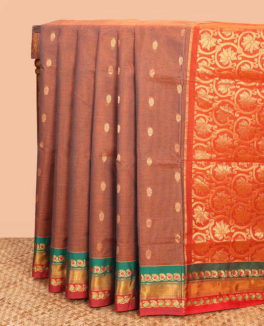 Brown Venkatagiri Cotton Saree, Ornamented with Zari Buttas on Its Body, Complemented by a Contrast Border of Paisley Zari Designs, Pallu of Floral Jaal Designs, and Comes Without a Blouse