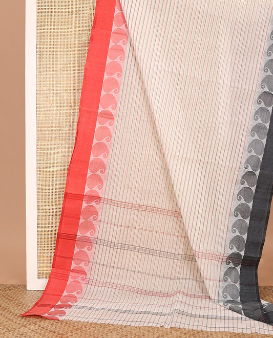 Sandal striped Bengal cotton saree, contrast ganga jamuna border of paisleys, and striped pallu