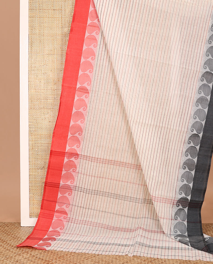 Sandal striped Bengal cotton saree, contrast ganga jamuna border of paisleys, and striped pallu