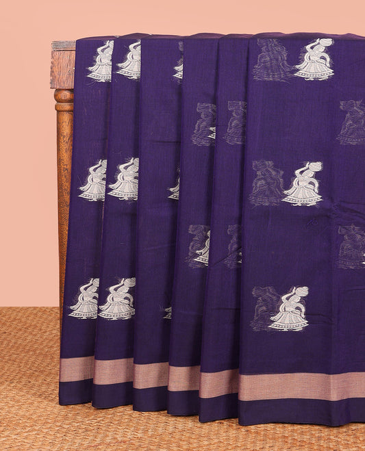 Blue Narayanapet Cotton Saree Adorned with Girl with a Pot Motifs, Subtle Self-Border, Pallu Mirrors the Same Body Motifs, and Paired with a Matching Blouse