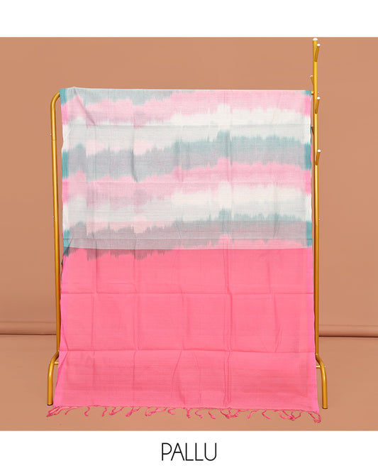 Borderless Multi-Color Mangalgiri Cotton Saree, Uniquely Designed with Ikat Texture, Complemented  by Contrast Pallu, and Paired with a Contrast Blouse