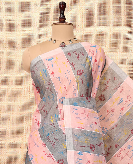 Borderless Pink-Grey Jute Cotton Saree, Steeped with Tropical Floral Print, a Subtly Striped Pallu, and a Contrast Blouse