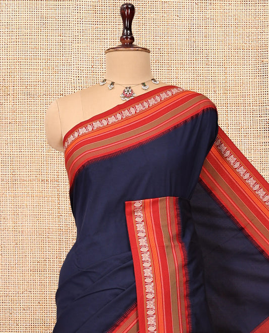 Blue Plain Narayanpet Cotton Saree, Complemented by a Contrast Traditional Thread Border, Pallu Steeped with Stripes, and a Matching Blouse