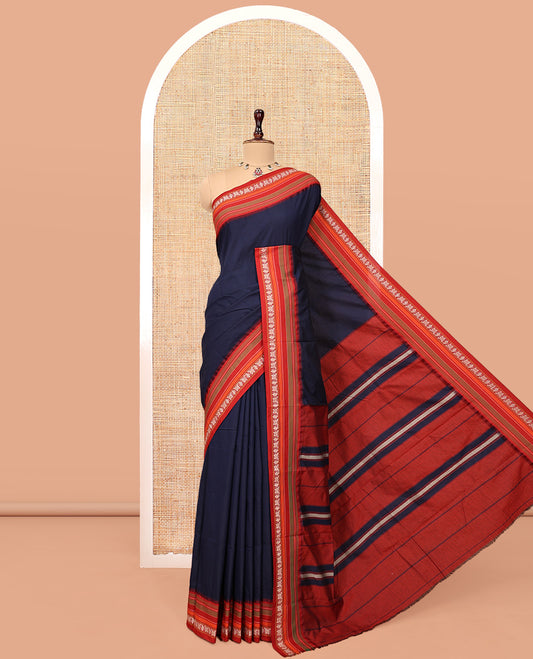 Blue Plain Narayanpet Cotton Saree, Complemented by a Contrast Traditional Thread Border, Pallu Steeped with Stripes, and a Matching Blouse