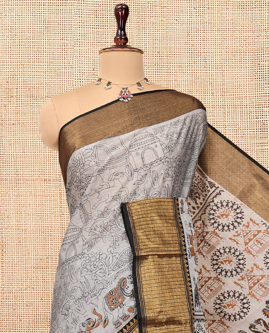 Grey Cotton Saree, Artfully Detailed with Flora-Fauna Village-Themed Print, Contrast Traditional Zari Border, Pallu of Warli Print, and a Matching Blouse