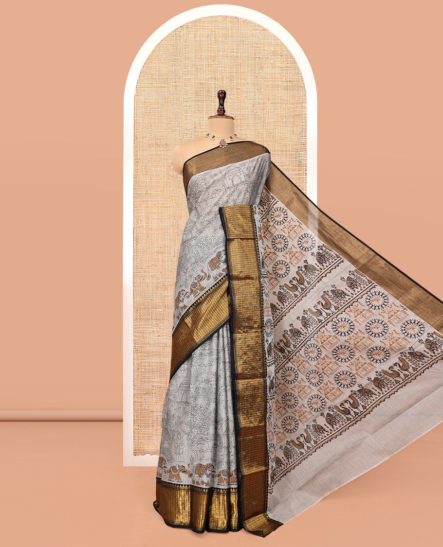 Grey Cotton Saree, Artfully Detailed with Flora-Fauna Village-Themed Print, Contrast Traditional Zari Border, Pallu of Warli Print, and a Matching Blouse