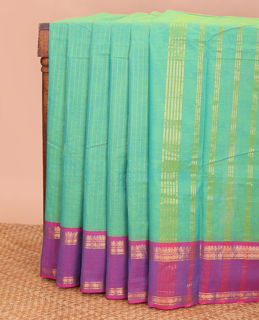 Green striped Chettinad cotton saree, contrast ganga jamuna rettai pettu traditional zari border, and pallu of stripes