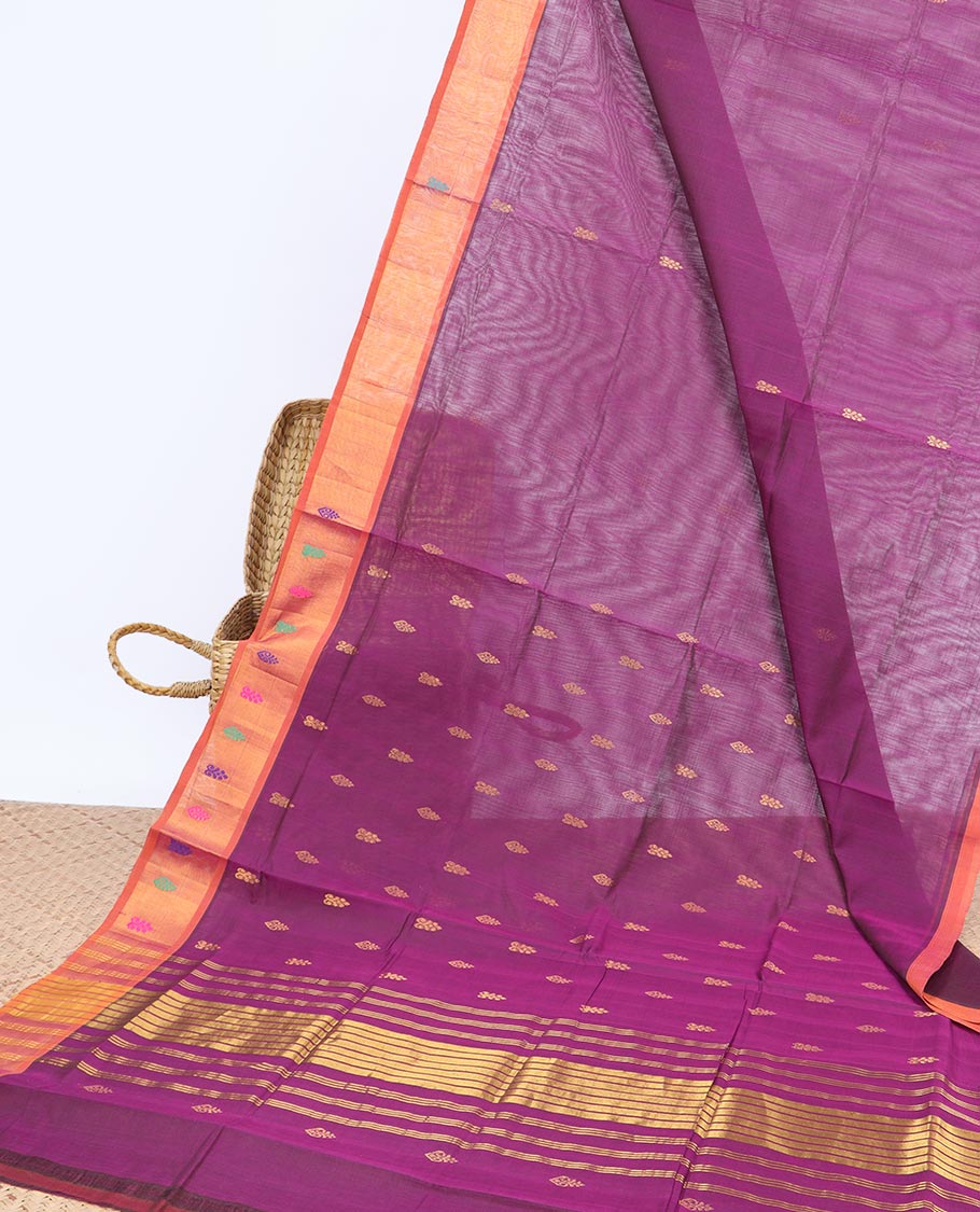 Pink buttas Vengatagiri cotton saree, contrast zari border & zari striped pallu
