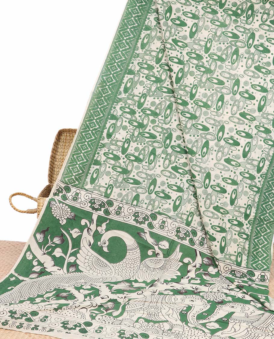 Green geometric machine-printed kalamkari cotton saree, diamond border & God Krishna Radha motifs pallu