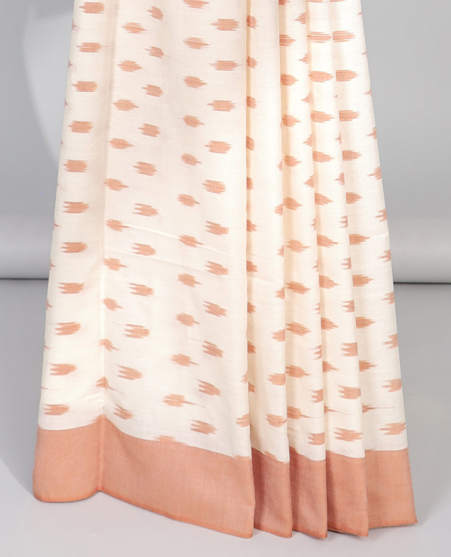 Cream motifs ikkat cotton saree with contrat plain border & ogee design pallu