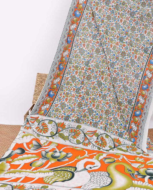 white floral design machine-printed kalamkari cotton saree with contrast floral border & peacock design pallu
