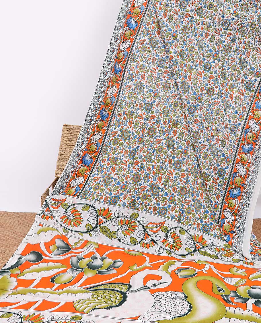 white floral design machine-printed kalamkari cotton saree with contrast floral border & peacock design pallu