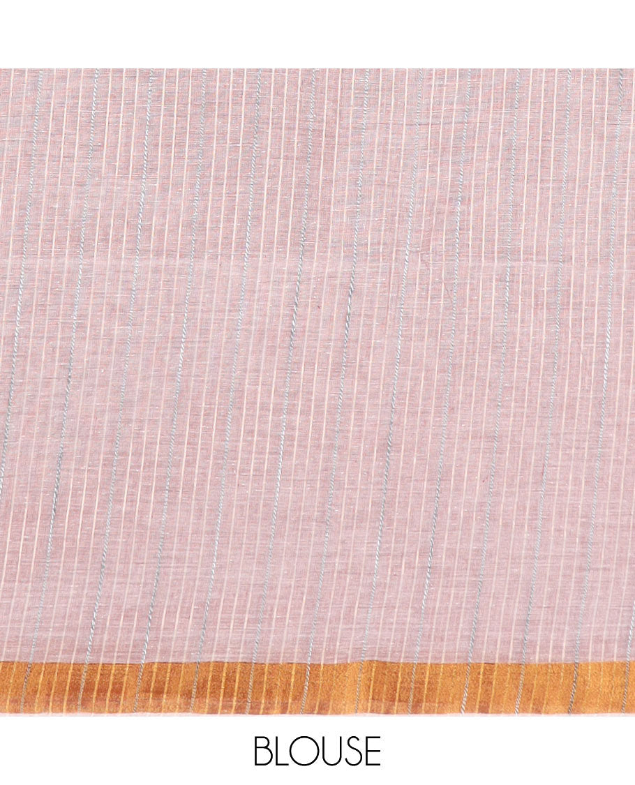 Pale pink plain jute cotton saree, zari border, and striped pallu