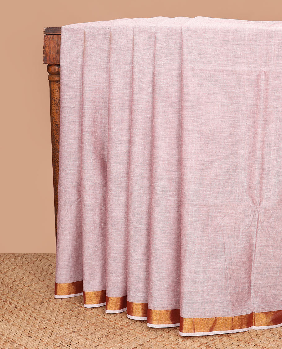 Pale pink plain jute cotton saree, zari border, and striped pallu