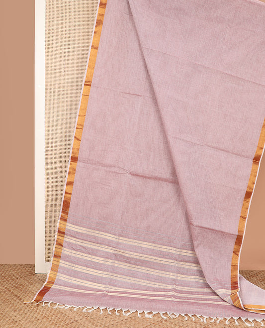 Pale pink plain jute cotton saree, zari border, and striped pallu