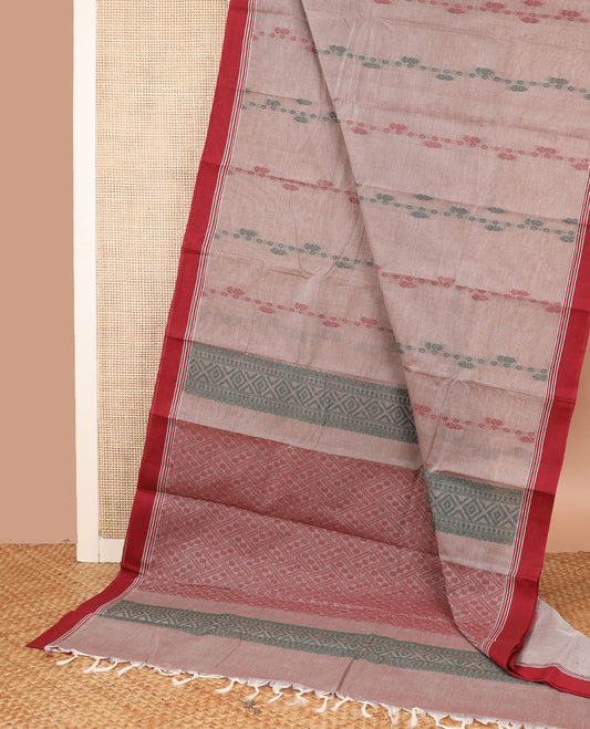 Khaki buttas woven Kanchi cotton saree, contrast plain border, and pallu of geometric motifs