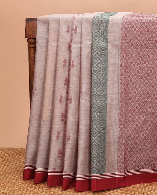Khaki buttas woven Kanchi cotton saree, contrast plain border, and pallu of geometric motifs