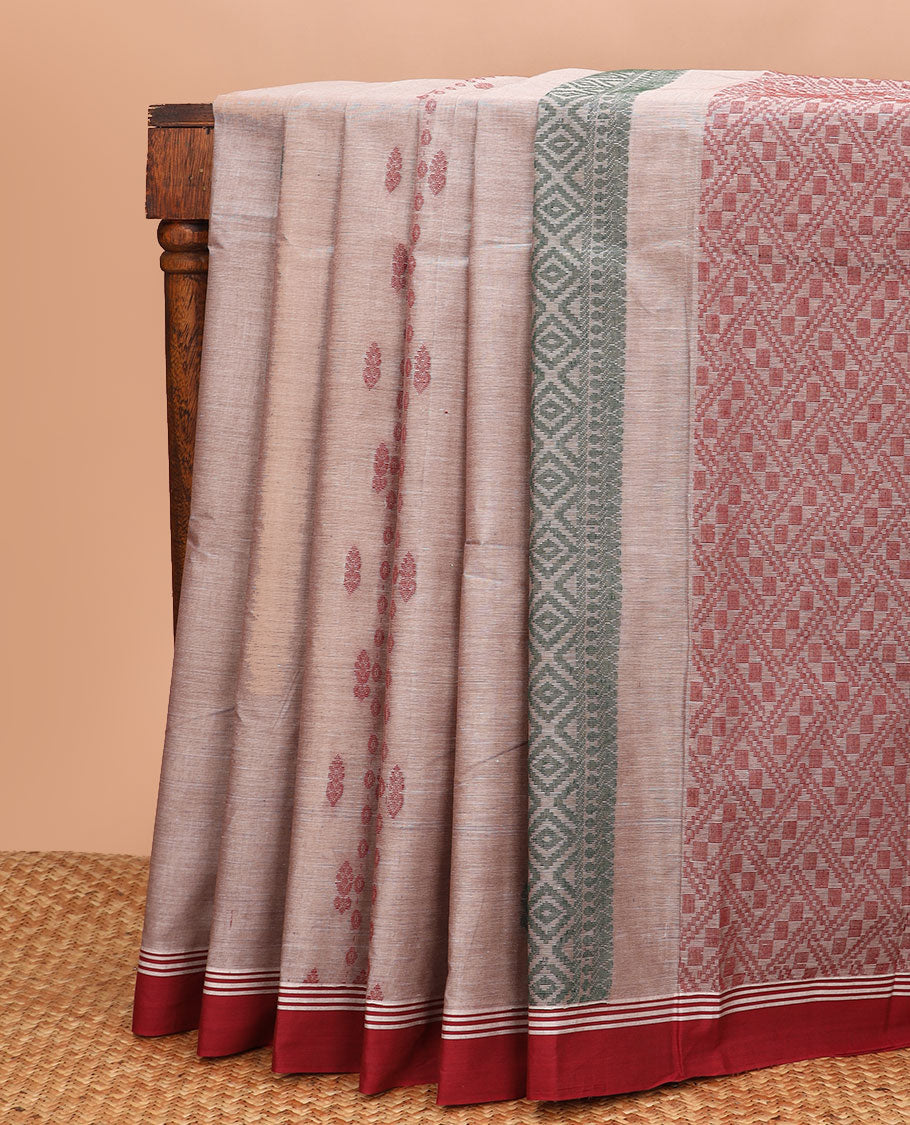 Khaki buttas woven Kanchi cotton saree, contrast plain border, and pallu of geometric motifs