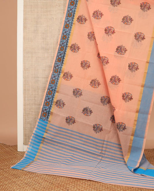 Orange musical instruments printed Chirala cotton saree, contrast floral creeper printed border, and striped pallu