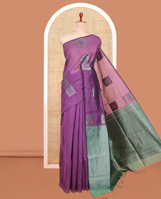 Borderless Purple Semi-Silk Cotton Saree, Finely Crafted with Square Buttas All Over Its Body, Complemented by Contrast Intricately Designed Pallu, and Paired with a Contrast Blouse