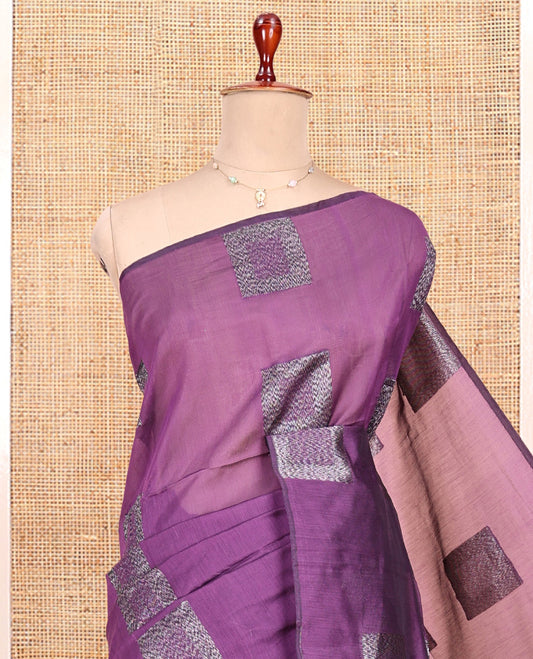 Borderless Purple Semi-Silk Cotton Saree, Finely Crafted with Square Buttas All Over Its Body, Complemented by Contrast Intricately Designed Pallu, and Paired with a Contrast Blouse