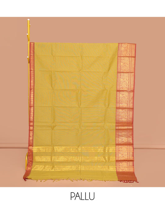 Green Plain Chettinad Cotton Saree, Complemented by a Contrast Traditional Zari Border of Peacocks, Pallu of Stripes, and Paired with a Matching Blouse