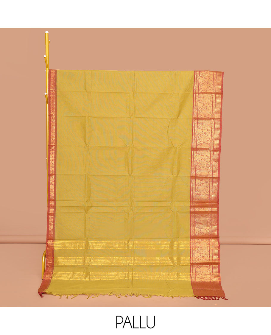 Green Plain Chettinad Cotton Saree, Complemented by a Contrast Traditional Zari Border of Peacocks, Pallu of Stripes, and Paired with a Matching Blouse