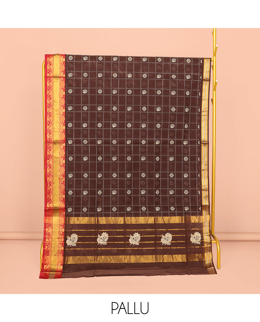 Brown Venkatagiri Cotton Saree, Finely Crafted with Butta-Enclosed Checks, a Contrast Floral Creeper Zari Border, Peacock Butta Pallu, and No Blouse