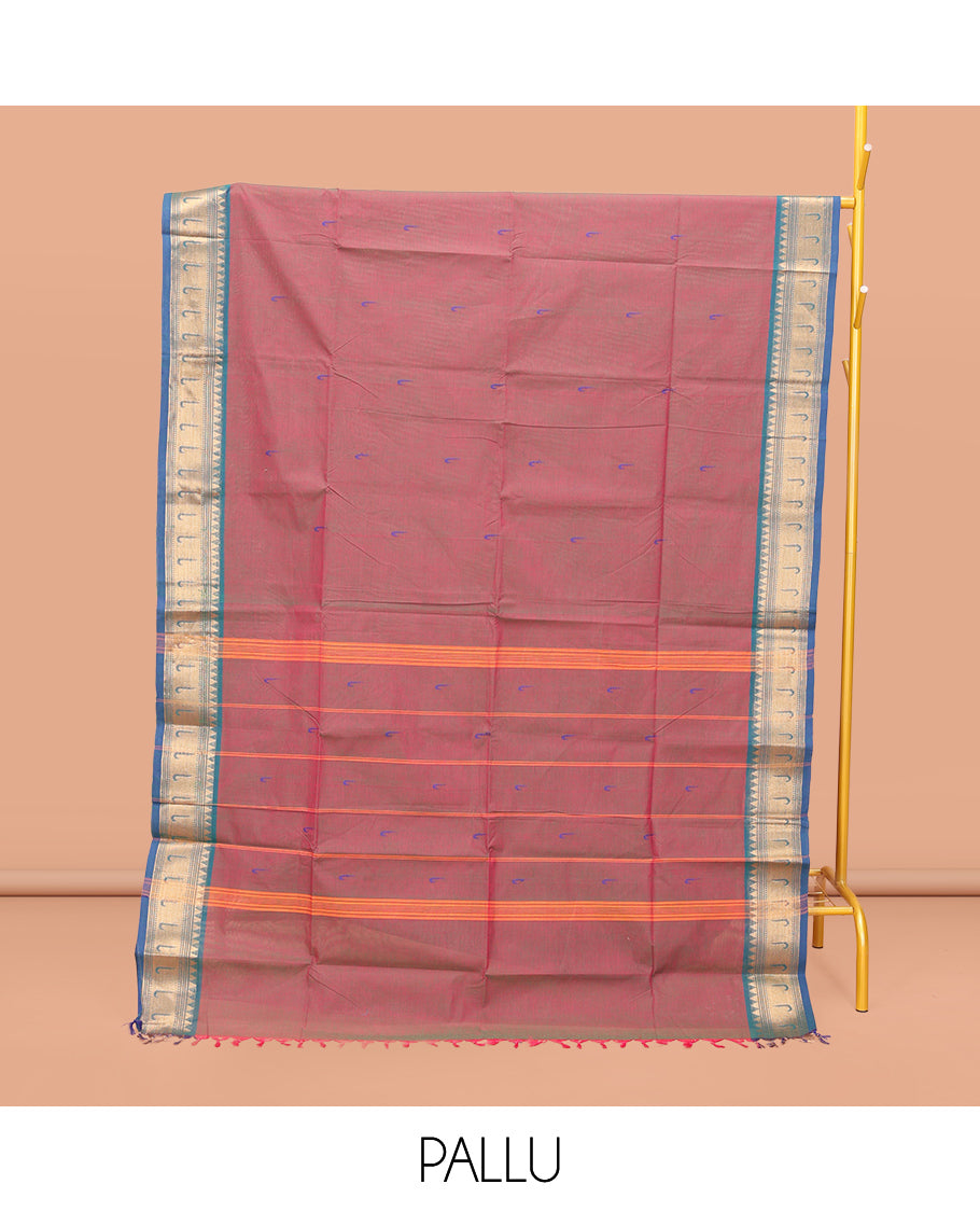 Pink Dual-Toned Chettinad Cotton Saree, Steeped with Muniya Buttas On Its Body, Complemented by a Contrast Traditional Muniya Border, Pallu of Stripes, and Paired with a Matching Blouse
