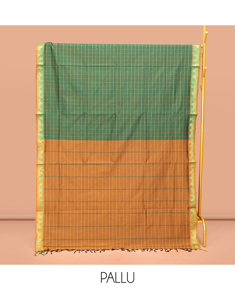 Green Poly Cotton Saree, Accentuated with Checked Design on Its Body, Highlighted by a Temple Border, Complemented by Contrast Striped Pallu, and Paired with a Contrast Blouse
