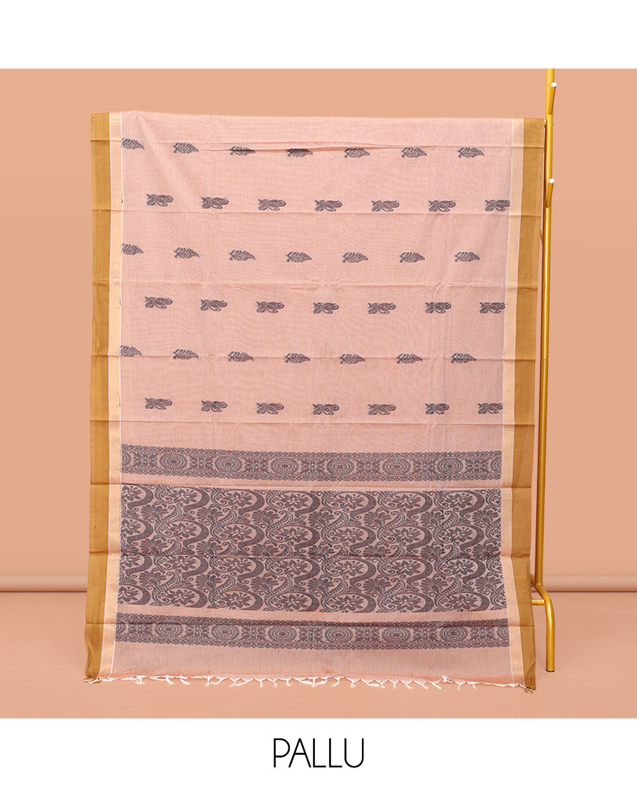 Pale Pink Kanchi Cotton Saree Features Thread Buttas on Its Body, Complemented by a Contrast Border, Floral-Design Pallu, and a Matching Blouse
