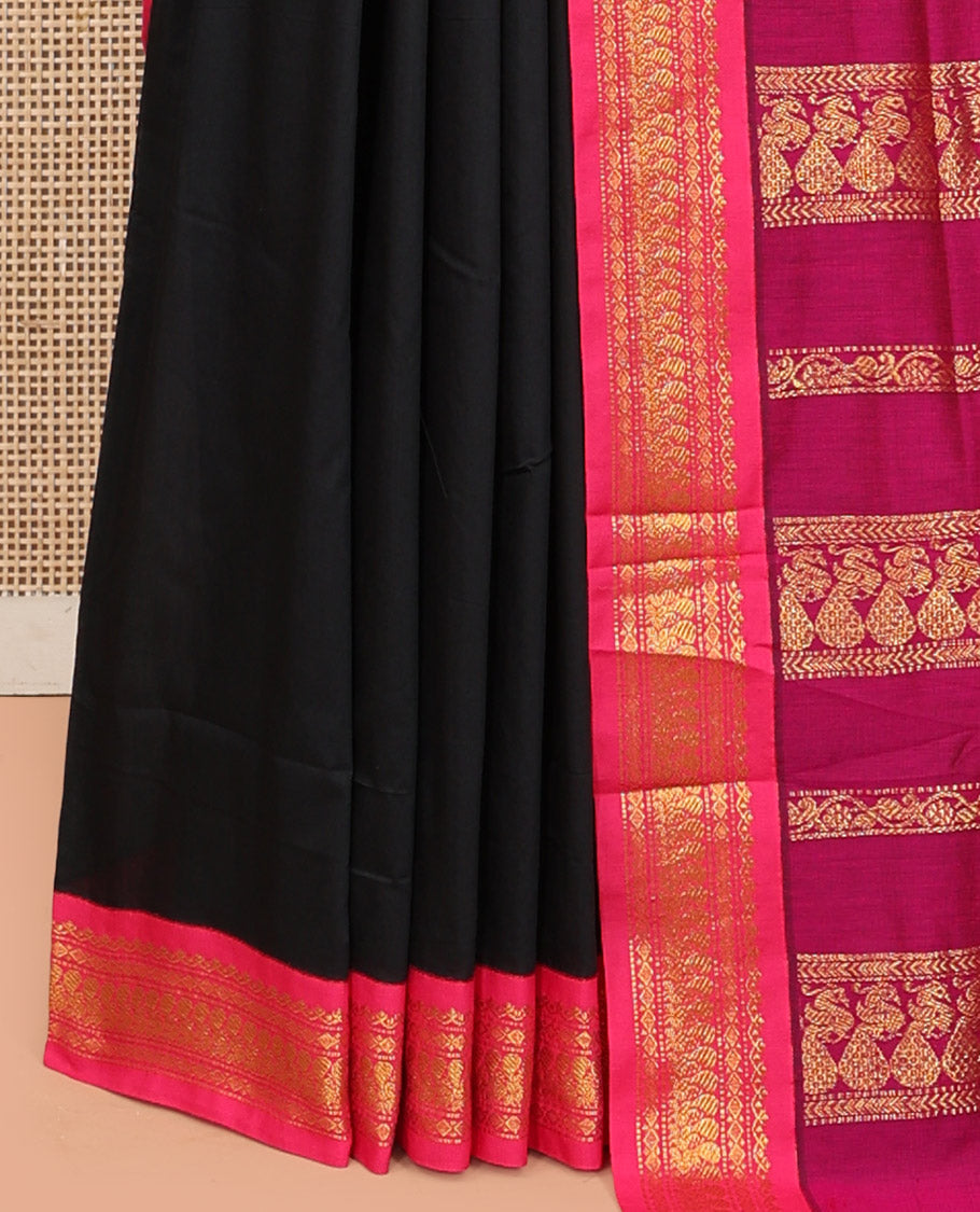 Black Kalyani Cotton Saree, Woven with Thread Buttas, Complemented by a Contrast Traditional Border, Traditional Pallu, and a Contrast Blouse