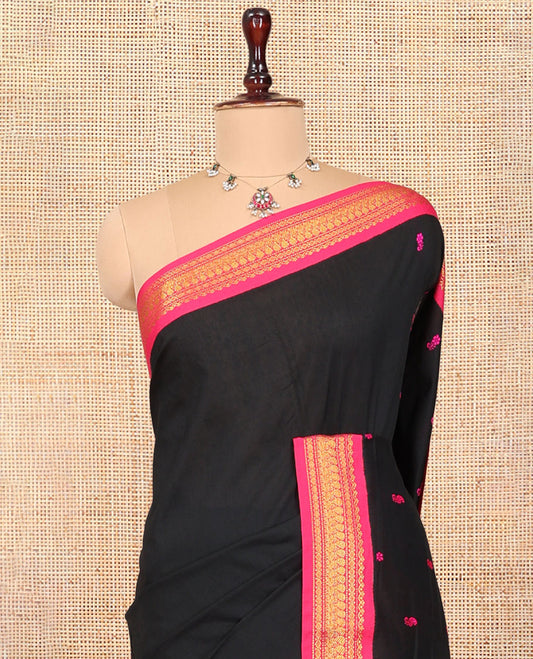 Black Kalyani Cotton Saree, Woven with Thread Buttas, Complemented by a Contrast Traditional Border, Traditional Pallu, and a Contrast Blouse