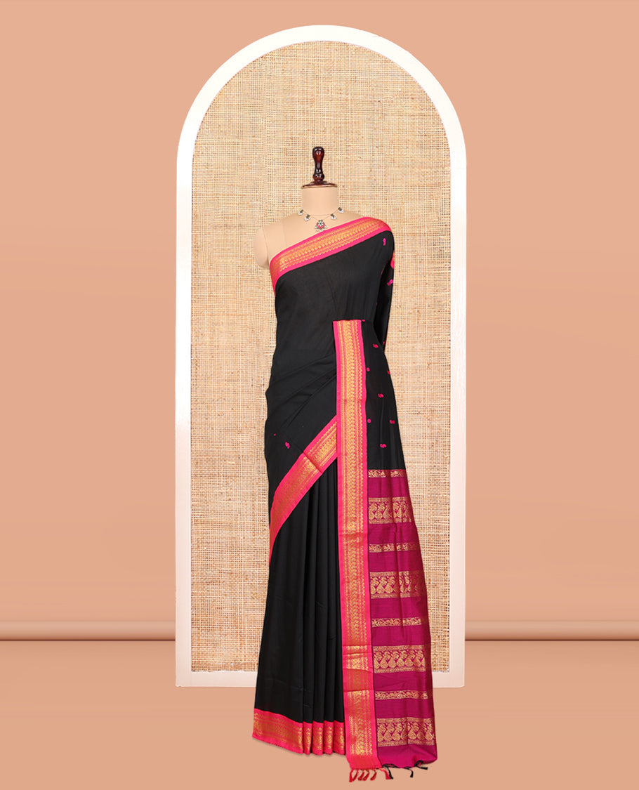 Black Kalyani Cotton Saree, Woven with Thread Buttas, Complemented by a Contrast Traditional Border, Traditional Pallu, and a Contrast Blouse