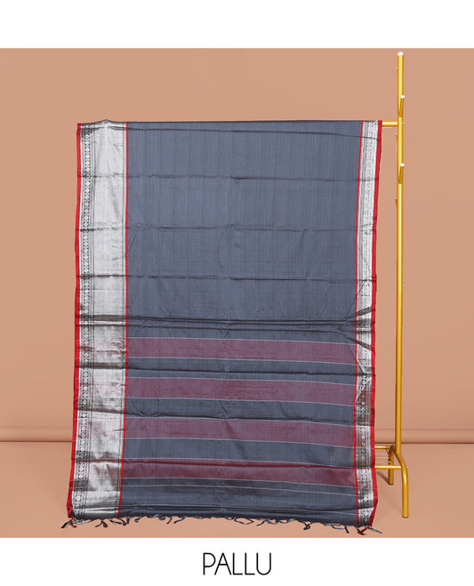 Grey Striped Narayanpet Cotton Saree, Complemented by a Contrast Traditional Zari Design Border, Striped Pallu, and Comes Without a Blouse