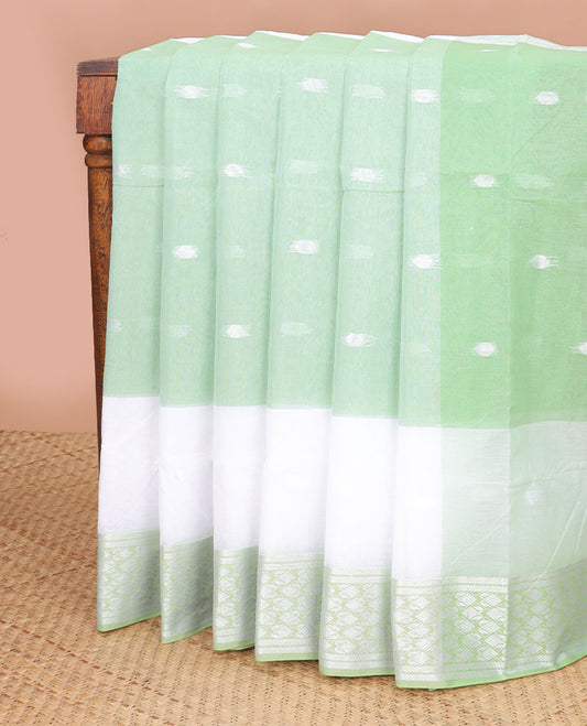 White with green motifs bengal cotton saree with contrast zari design border