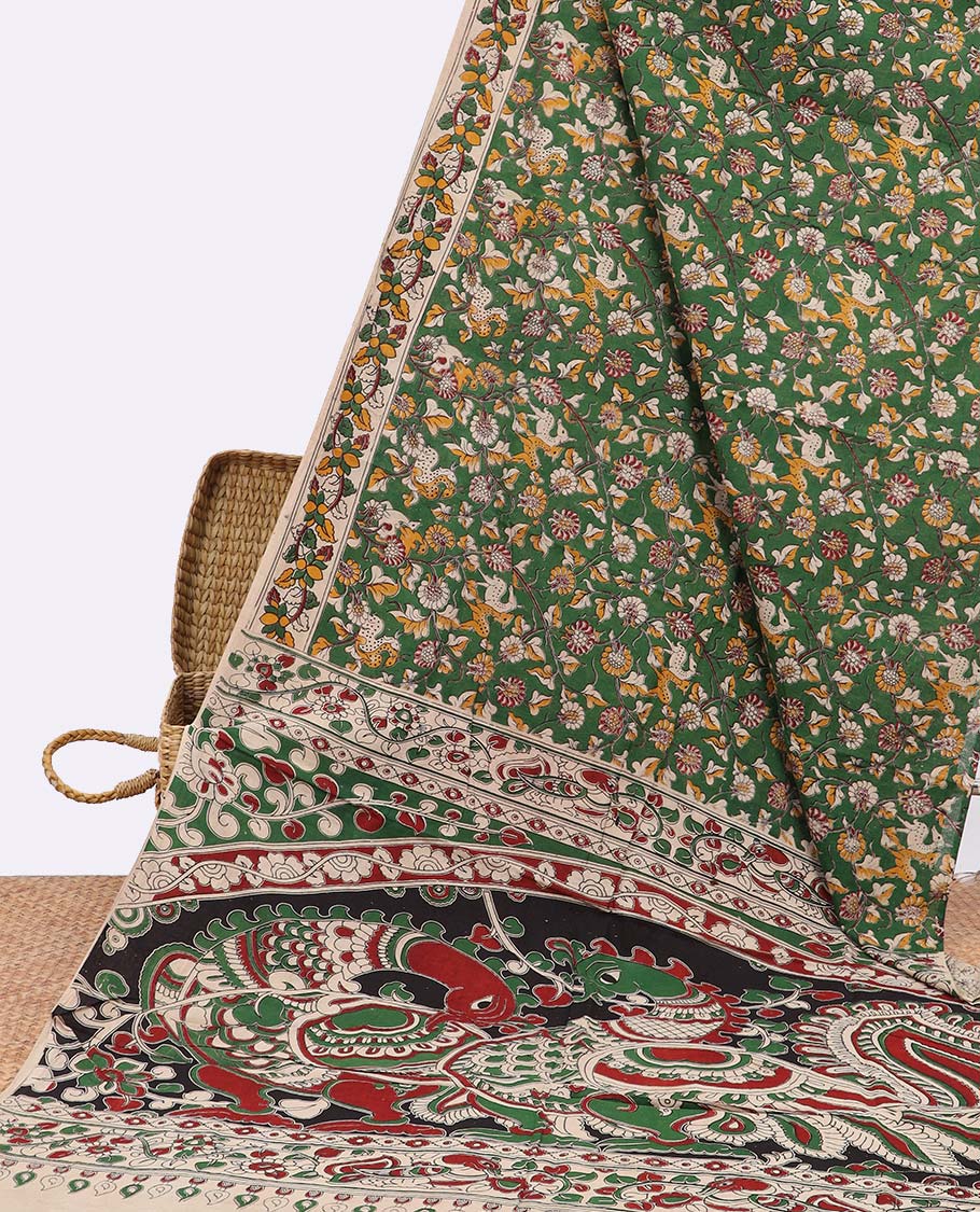 Green floral, animal design machine printed kalamakari cotton saree with contrast floral border & peacock design pallu