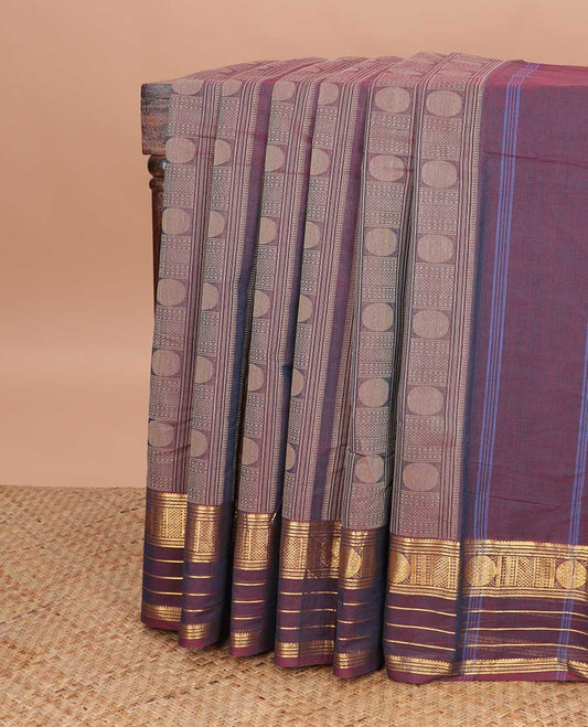 Violet geometric design kanchi cotton saree with contrast zari design border & striped pallu