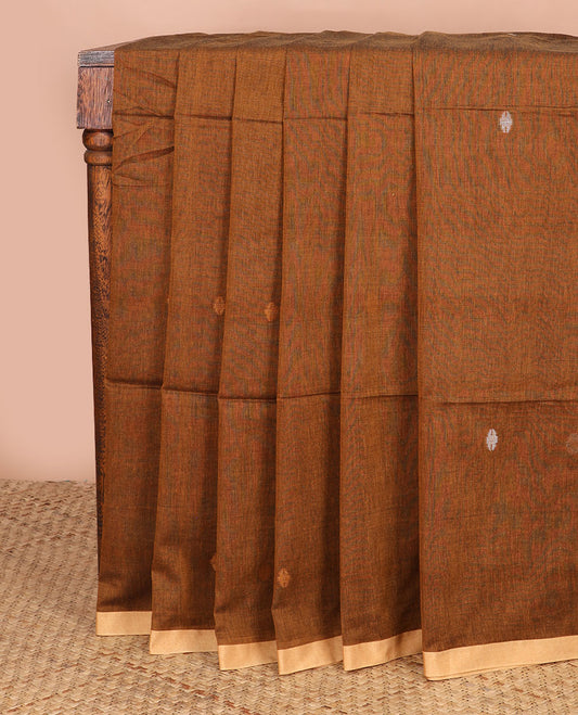 Honey color Meena thread buttas Kadhi cotton saree, contrast piping border & pallu of 4-petal floral motifs & stripes