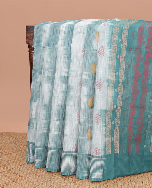 White abstract design kanchi cotton saree with contrast striped border & floral design pallu