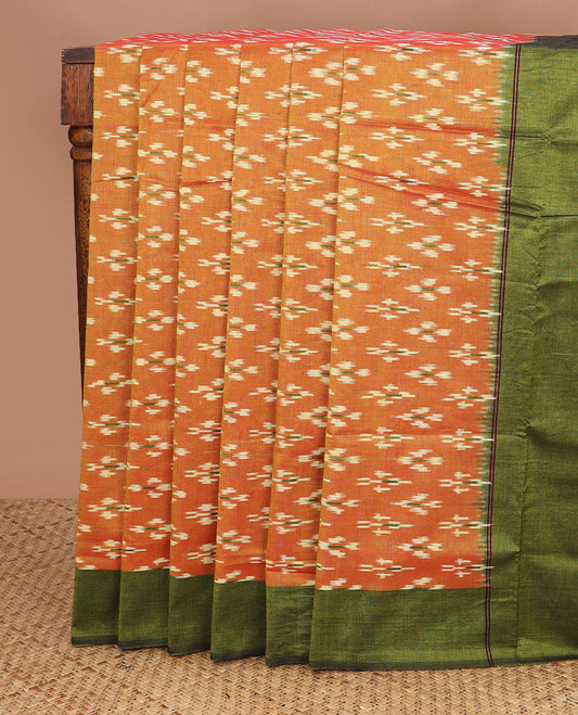 Orange buttas ikkat cotton saree, contrast plain border & pallu of ikkat chevron design