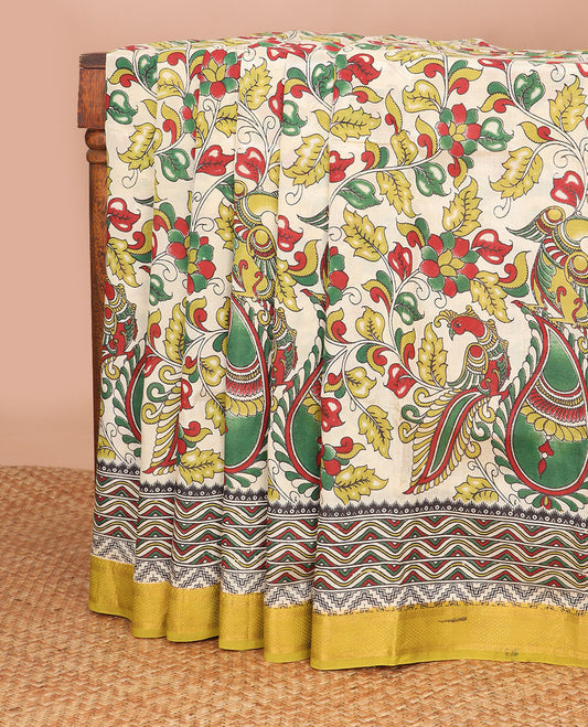 Cream floral, peacock design machine printed kalamkari cotton saree with contrast zari border & floral design pallu