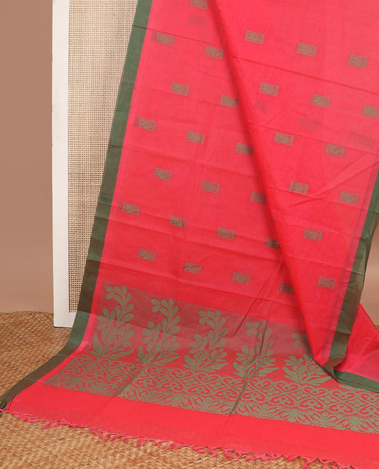 Red floral motifs kanchi cotton saree with contrast border & floral design pallu