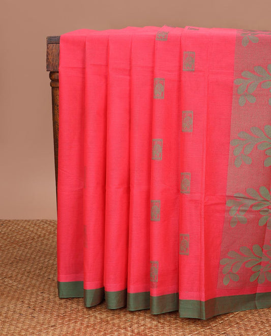 Red floral motifs kanchi cotton saree with contrast border & floral design pallu